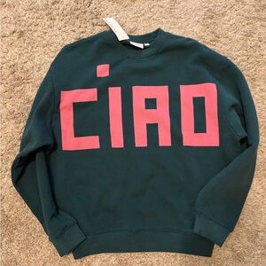 Clare V Green Oversize Crewneck Sweatshirt with Pink 'CIAO' Graphic